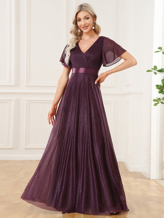 Robe de soirée à col en V profond, manches à volants et coupe évasée